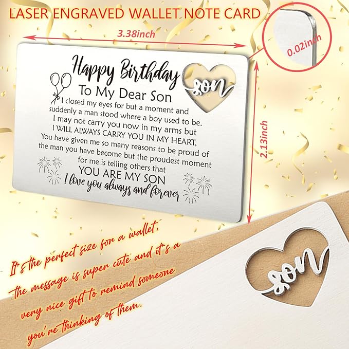 YODOCAMP Happy Birthday Son Gifts from Mom, Metal Engraved Greeting Card for Birthday, Son Wallet Insert Card from Parents
