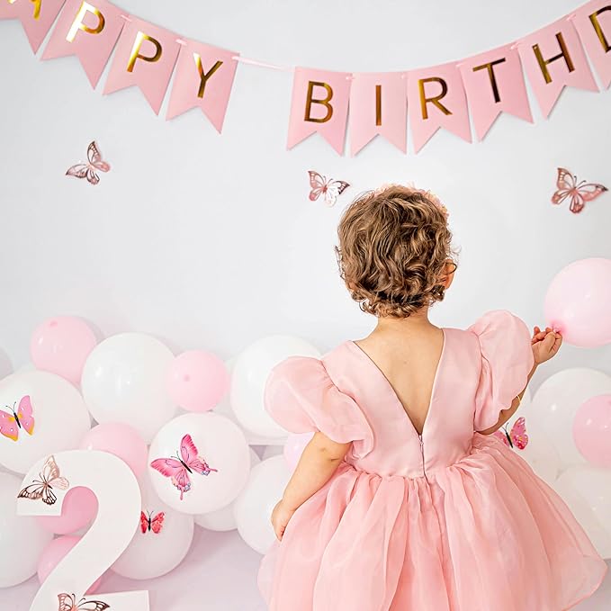 Pink Happy Birthday Banner - Hanging Backdrop Sign with Gold Letters, Happy Birthday Sign Bunting Decorations for Women men Kids Baby Shower Party Supplies (13pcs)