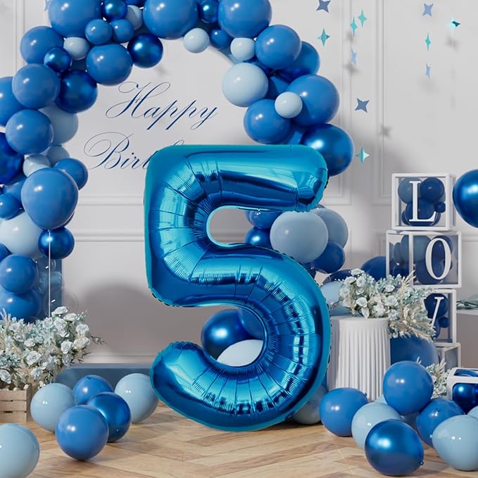 AULE 40 Inch Large 5 Balloon Numbers Blue, Big Foil Number Balloons, Giant Helium Happy Birthday Party Decorations for Man and Women, Huge Mylar Anniversary Party Supplies