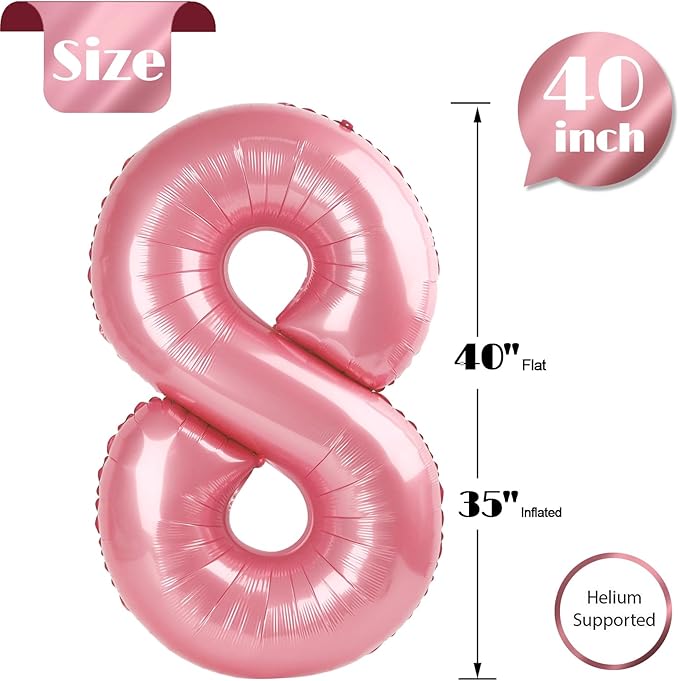 Pearlescent Pink Number 8 Balloon 40 Inch, 8 Balloon Number, 8th Birthday Decorations, Pearlescent Pink Party Supplies for Boys Girls