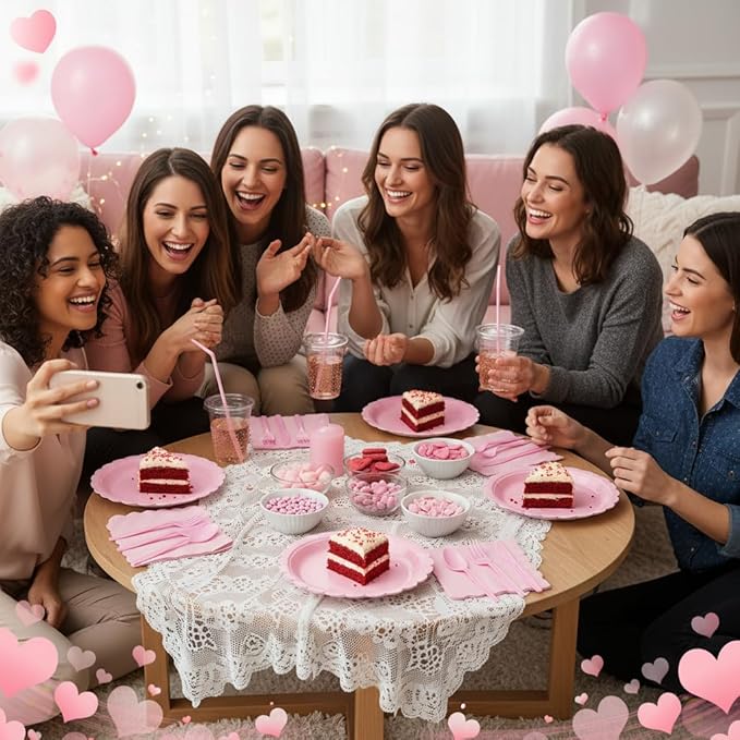 175 Pcs Pink Plates and Napkins, Pink Birthday Decorations Include Scalloped Plate Napkins Cups Plastic Cutlery Disposable Dinnerware for Wedding, Bridal Baby Shower, Mother Day