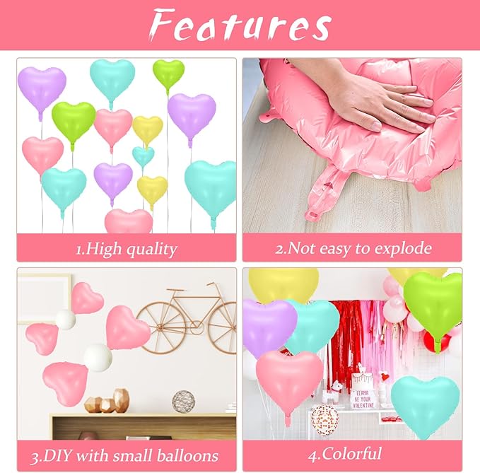 Biapian Pastel Heart Balloons, 10 Pcs Macaron Heart Shape - 18inch Pastel Pink Purple Green Teal Yellow Foil Balloons for Candy Birthday Wedding Baby Shower Easter Party Decoration