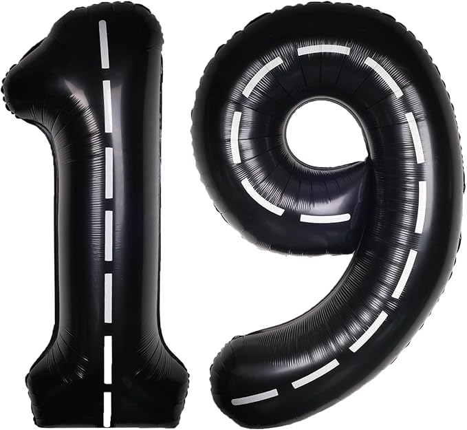 Race Car 40Inch Black 19 Balloon Number Large Helium Race Track 0-9 Giant Digital 19th Foil Mylar Big Party Number Balloons for Boy Birthday Car Theme Party Anniversary Graduation Decorations