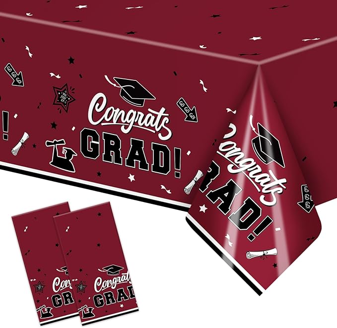 2-Piece 54 x 108 Inch Graduation Plastic Tablecloth – Graduation Disposable Rectangle Table Covers with “Congrats Grad” Design for Class of 2026 Party, School and Home Decorations