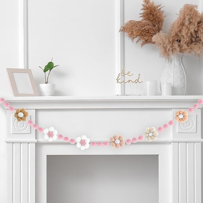Whaline Groovy Retro Flower Felt Banner 3D Flower Pom Pom Balls Banner Boho Daisy Garland Pre-Assembled Spring Floral Bunting Garland for Party Supplies Home Hanging Decoration