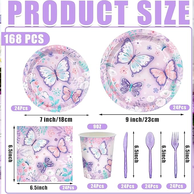 Butterfly Party Decorations 168pcs Butterfly Plates Napkins Cups Disposable Tableware Set Floral Butterflys Birthday Party Supplies for Girls Birthday Baby Shower Bridal Shower Serves 24 Guests