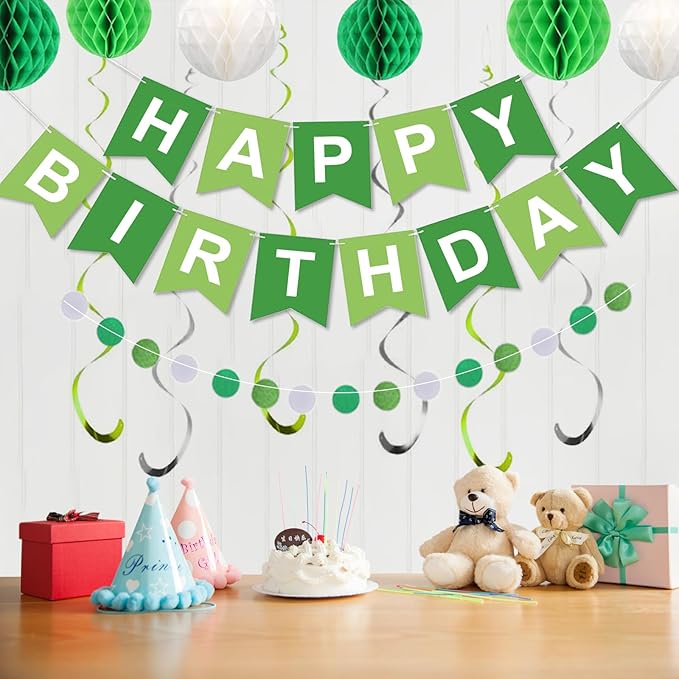 Green Birthday Decorations, Green and White Happy Birthday Banner, Happy Birthday Decorations for Women Men Girls Boys
