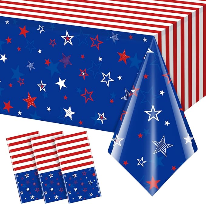3Pcs Patriotic Tablecloths for 4th of July Decorations,Red White Blue Star Plastic Disposable Table Cover for Fourth of July Memorial Patriotic Day Independence Veterans Day Party Supplies,54x108 Inch