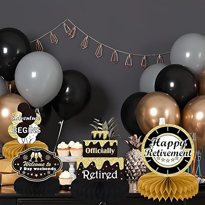 9PCS Retirement Party Decorations, KSKSPE Retirement Centerpieces for Table,Black and Gold Retirement Table Decorations, Retirement Decor for Retirement Party Retirement Party Supplies Men and Women