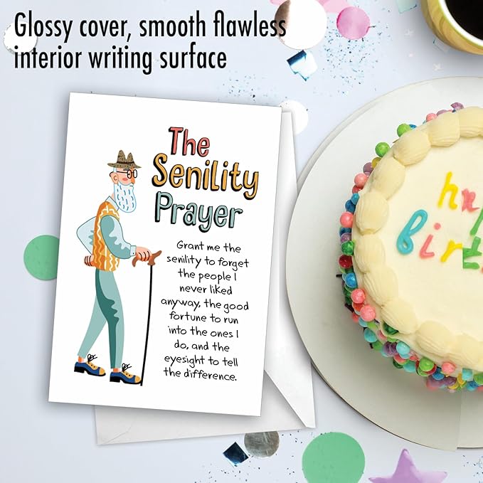 NobleWorks - 1 Funny Happy Birthday Notecard - Old Men Humor Greeting Card with Envelope - Man's Senility Prayer C9348BDG