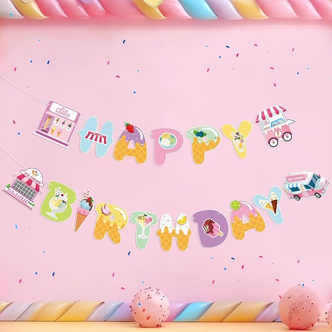 Ice Cream Party Decorations Happy Birthday Banner Ice Cream Party Banner Garland for Birthday Party Decorations Ice Creams Party Supplies