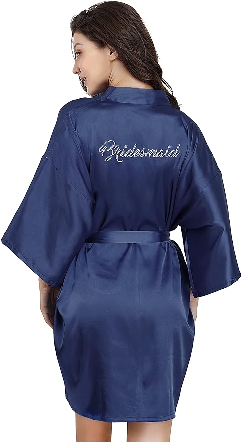EPLAZA Women's One Size Silver Rhinestones Bride Bridesmaid Short Satin Robes for Wedding Party Getting Ready