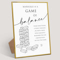 Marriage is A Game of Balance Sign, 8"X 11" Gold Frame Wood Wedding Sign with Stand, Balance Jenga Game Signage, Engagement Party Decorations, Wedding Party Favors for Ceremony and Reception-9