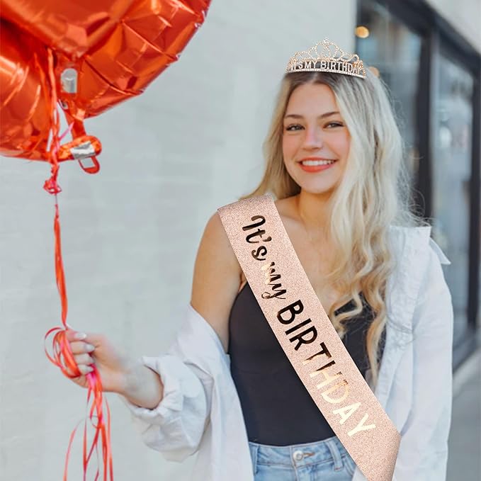 CAVETEE Birthday Crowns for Women - Its My Birthday Sash and Crown Set for Adult Women - Rose Gold