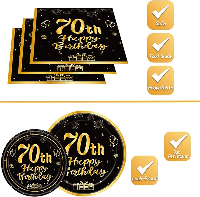 144PCS 70th Birthday Plates and Napkins Birthday Party Supplies 70th Birthday Party Decorations for Men Women Disposable Party Tableware Including Paper Plates Napkins Cups Forks Serve 24