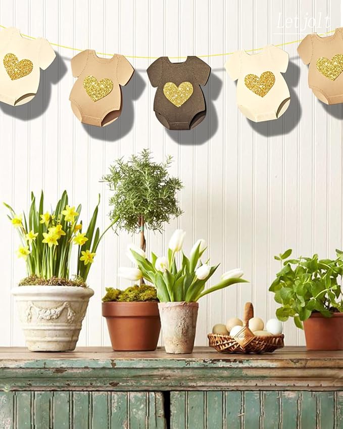 Brown Baby Shower Paper Garland Short-Sleeve Bodysuits Clothesline Garland Gender Reveal Birthday Banner Pre - Strung Baby Outfit Paper Decorations 9 pcs
