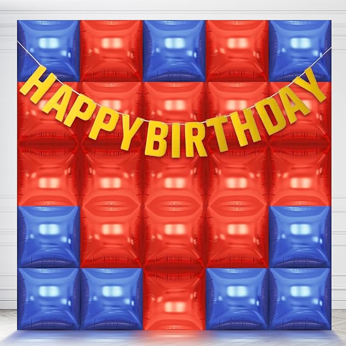 50PCS Blue Red Square Foil Balloon Wall, 19'' Reusable DIY Mylar Double Side Balloons Garland Tunnel Arch Kit for Anniversary Baby Shower Bachelorette Birthday Game Party Decor