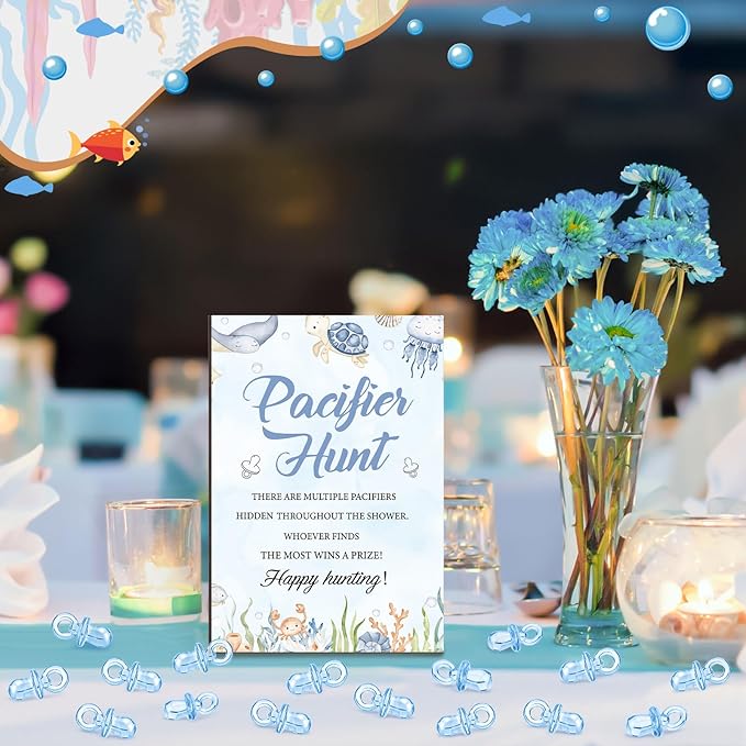 Thyle 51 Pcs Under The Sea Pacifier Hunt Baby Shower Games Include Hunt Sign and 50 Acrylic Pacifiers for Ocean Animal Baby Shower Game Decoration Sets Gender Reveal Newborn Announcement Party Decor