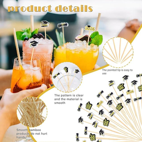 100Pcs Graduation Cocktail Picks, Class of 2026 Grad Theme Decor Toothpicks Fruit Sticks Skewers with Topper for Appetizers Charcuterie Accessories Congrats Grads Decorations Themed Party Supplies