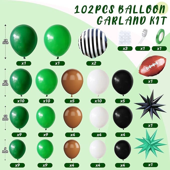 Football Balloon Arch Kit, Dark Green Brown White Black Checkered Football Foil Party Balloons with Star Foil Balloons for Boy Men Sport Birthday Party Decorations Baby Shower Graduation Supplies