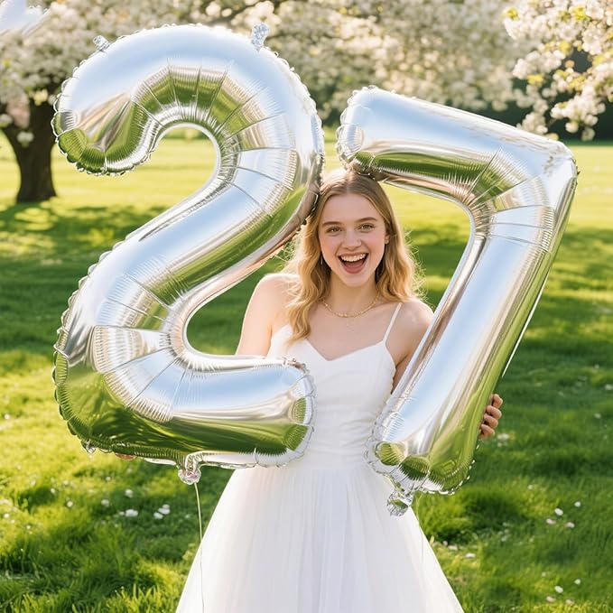 40 Inch Silver Number 27 Digital Balloon,Jumbo Mylar Foil Helium Balloon for 27 Balloons for Birthday Party,Wedding Anniversary Party Decorations
