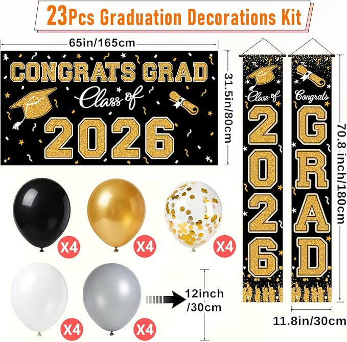 WOHOHOHO 23Pcs Graduation Decorations 2026 Set, Black Gold Porch Door Sign GRAD Banner, Class of 2026 Backdrop, 5 Colors Large Balloons, Party Supplies for High School College Indoor Outdoor Decor