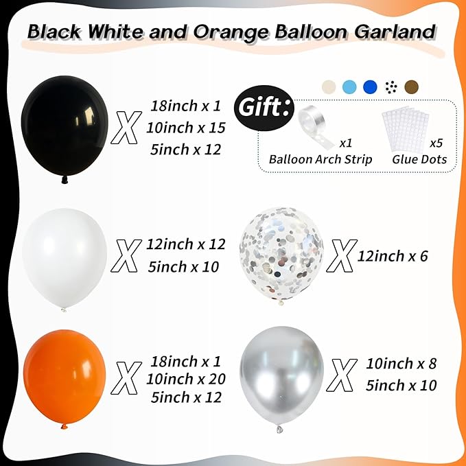 Orange and Black Balloon Arch Kit, 113pcs Black White Orange Confetti Latex Balloon Garland Set with Spike Star for Birthday Graduation Halloween Celebration Trick or Treat Party Party Decoration