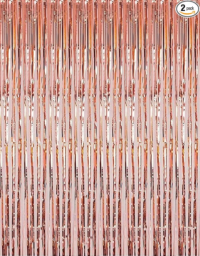 2 Pcs 3.2ft x 8.2ft Shiny Rose Gold Metallic Tinsel Foil Fringe Curtains Photo Booth Backdrop for Birthday Wedding Holiday Celebration Bachelorette Party Decorations