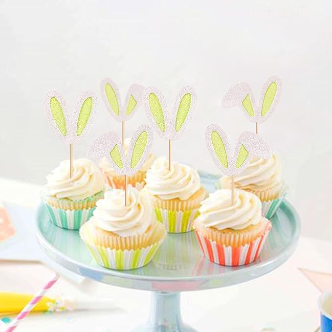 Ercadio 24Pcs Easter Bunny Ear Cupcake Toppers Glitter Yellow Rabbit Ears Cupcake Picks Easter Bunny Cupcake Decors for Rabbit Baby Gender Reveal Kids Birthday Baby Shower Party Supplies
