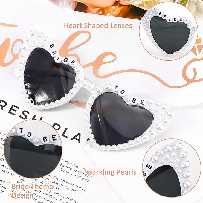 Bride to Be Set: Pearl-Trimmed Heart Sunglasses, Pearl BRIDE Sash & Tulle Veil - Bachelorette Party Bridal Accessories
