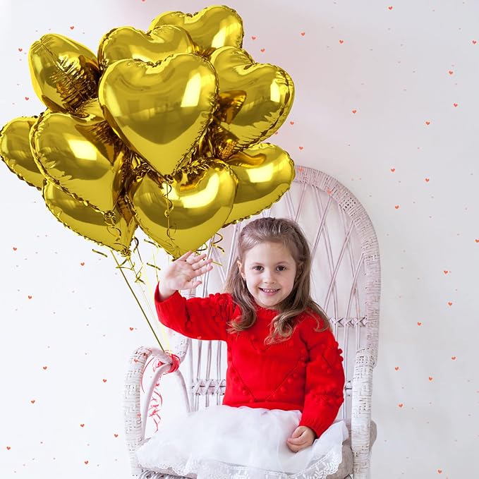 Gold Heart Foil Balloons - 10PCS Heart Shaped Valentines Decorations, 18inch Love Balloons for Helium Wedding, Birthday, Anniversary