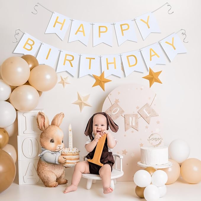White Happy Birthday Banner - Hanging Backdrop Sign with Gold Letters, Happy Birthday Sign Bunting Decorations for Women men Kids Baby Shower Party Supplies (13pcs)