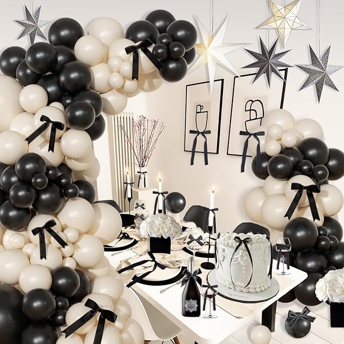 Black and Sand White Balloon Arch Kit 141 Pcs Coquette Birthday Decorations Include Balloons and Black Bow for Wedding Baby Shower Gender Reveal Bow Birthday Decorations