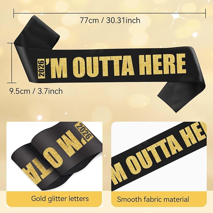 Sash for Retirement 2026 Graduation Farewell Going Away Party, High School & College Grad Gifts for Him Her Retired 2026 Keepsake for Man Women, Party Supplies, Black & Gold Glitter