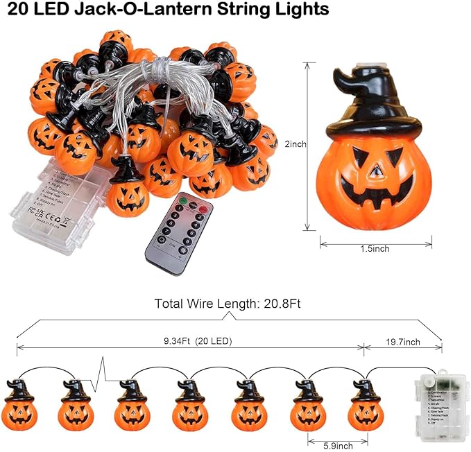 Battery Operated Pumpkin Lights for Halloween Decorations Indoor, Jack-o-Lantern String Lights for Halloween Party Front Door Porch Fireplace Camper Golf Cart Parade Garland Wreath Decor