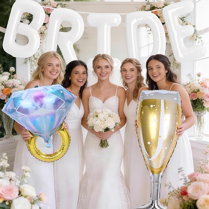 40inch White Bride Balloons Bachelorette, Bride To Be Bridal Shower Balloon Diamond Ring Champagne Glass Foil Balloon for Bachelorette Bridal Shower Engagement Wedding Hen Night Room Party Decorations