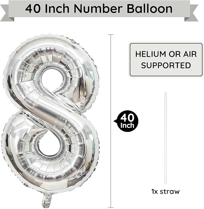Silver Number 8 Balloon, 40 Inch Large Number Foil Mylar Balloons for 8th Girl Boy Birthday Party Celebration Decoration Supplies,Big Digital Balloons for Wedding Anniversary Events Decor