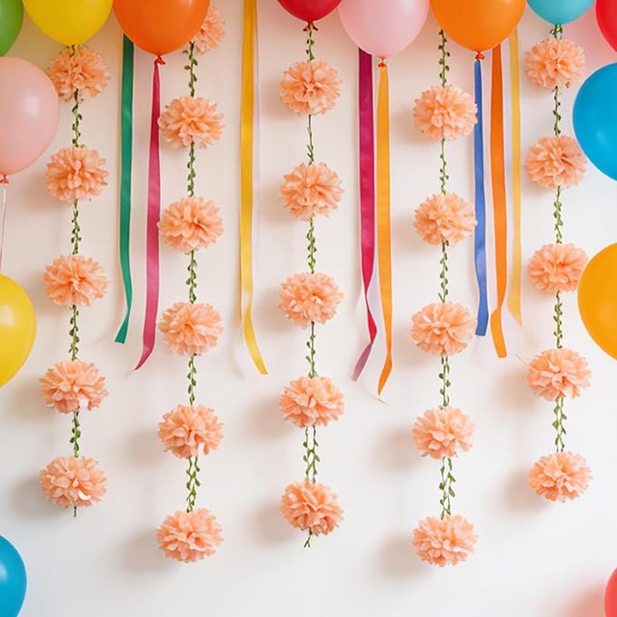 XIANNVXI Pink Tissue Paper Pom Pom Garlands Artificial Flowers Hanging Decorations 8.2ft Hanging Flowers Garland for Wedding Birthday Bridal Shower Party Spring Decorations 2PCS（Lotus Root Pink）