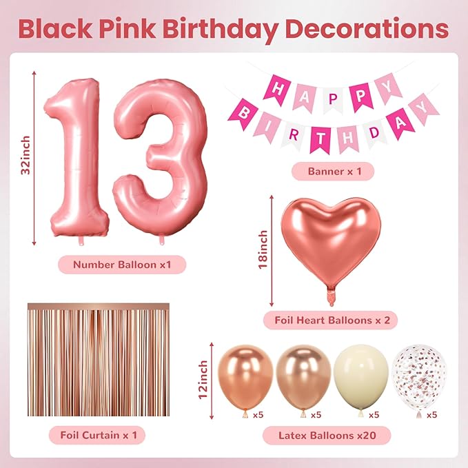 13th Birthday Decorations for Girls, Retro Pink Official Teenager Party Supplies Set with Happy 13th Banner, Number 13 Balloon and Foil Fringe Curtains