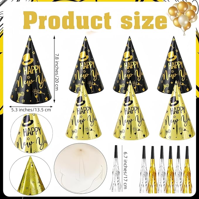 YVAINE 48 Pieces New Years Eve Party Supplies 2026 Black Gold Happy New Year Decorations Kit Includes 6 New Years Party Hats 6 Headband Tiaras 12 Noise Makers and 24 Happy New Year Photo Booth Props