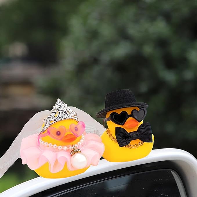 wonuu Pair Set of 2 Wedding Rubber Ducks, Bride Groom Duckies Marriage Rubber Duck Mini Couple Ducky for Ceremony Gift Souvenir Marry Blessings Elegant Heartwarming Present, Pink with Soft Top Hat