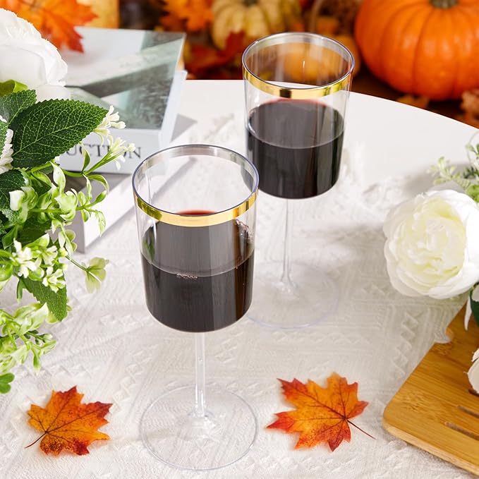 Ciaell 12 Pack Plastic Wine Glasses - 14 Oz Plastic Wine Glasses with Stem - Square Gold Disposable Stemmed Glass for Parties & Weddings & Outdoors
