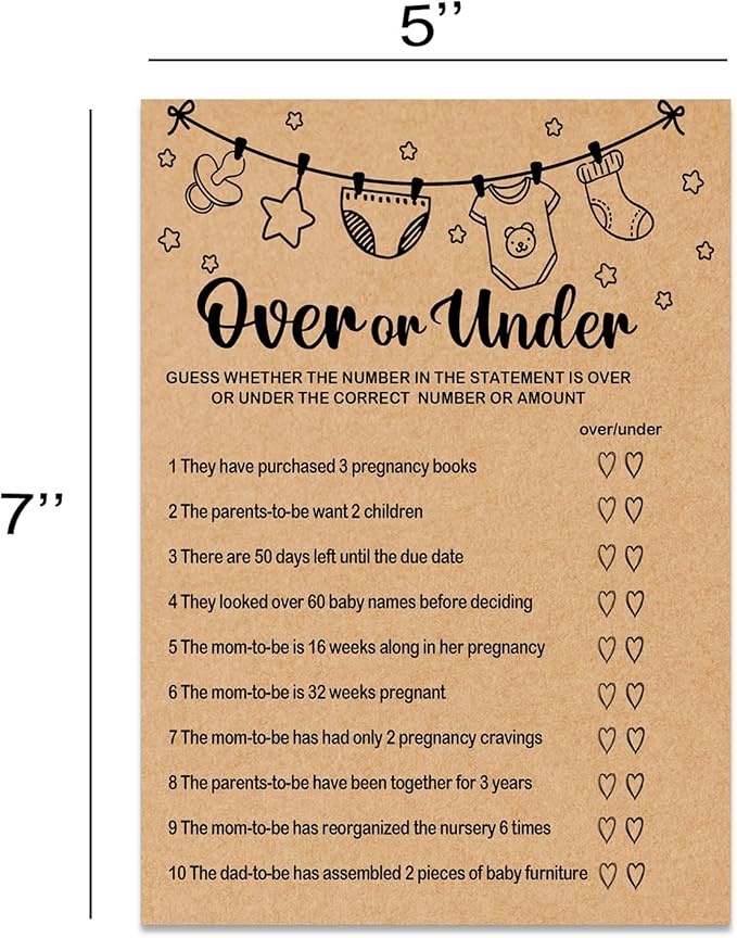 Baby Shower Game, Over or Under Game Cards, Baby Shower Party Games Supplies & Activities, Party Activities Ideas Supplies, Baby Shower Ideas, 30 Game Cards Included, Kraft