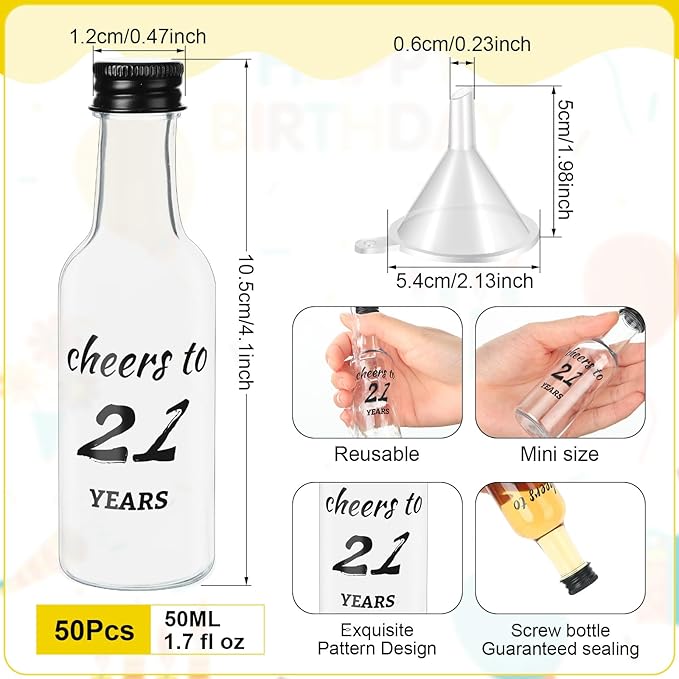 Bokon 50 Pcs Cheers to 21 Years Birthday Party Mini Liquor Bottles 1.7 oz Mini Wine Bottles for Guests Women Men 40th Birthday Anniversary Wedding Celebration Party Favors