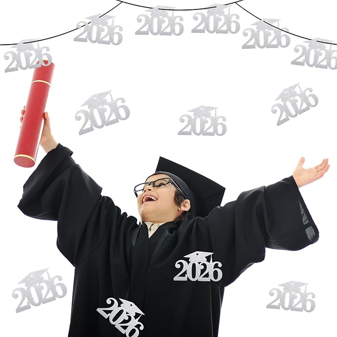 Chinco 24 Pcs 2026 Graduation Decorations Class of 2026 Graduation Centerpieces for Table Glitter Cutouts Grad Cap Tags Double Side Sparkling Glitter Confetti Party Decor for Vase Mason Jar (Silver)