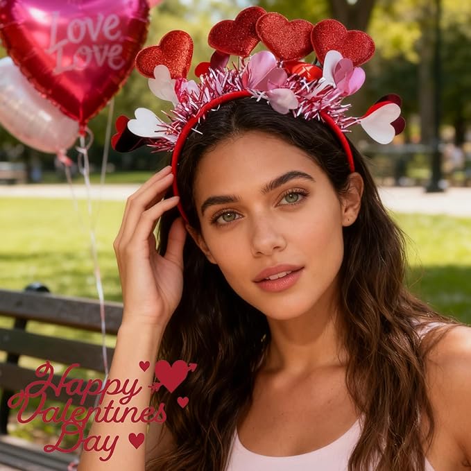 Valentines Headband with Sequin Heart Hair Accessories shiny pink Tassel Head Bopper red heart headbands for Women New Year Party Props Holiday Wedding Birthday Costume Accessory 1pcs