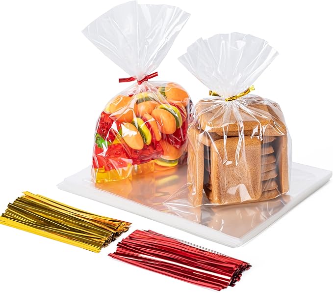 Aegero Cello Cellophane Treat Bags, 200 Pcs 5x7 Inches Clear Cellophane Bags with 200 Twist Ties for Gift Wrapping,Packaging Candies,Dessert,Bakery,Party Favors