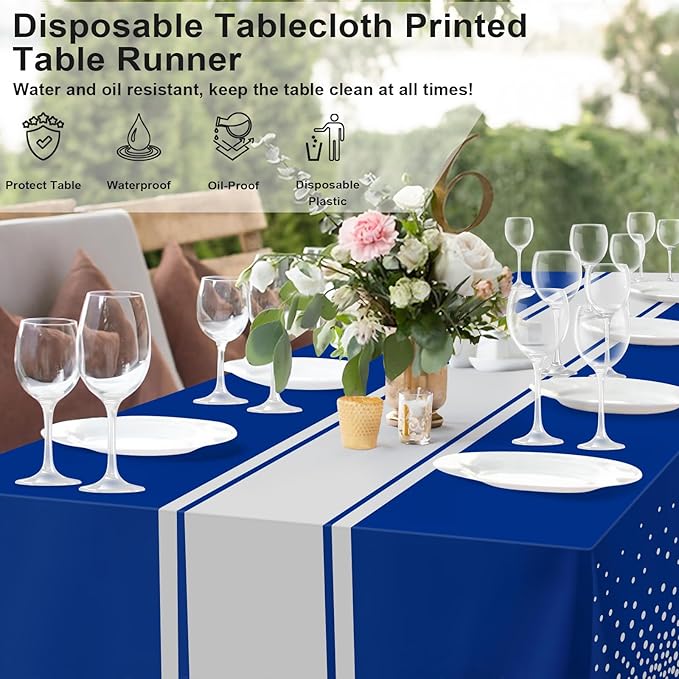 12 Pack Blue and Silver Tablecloth Party Decorations Plastic Blue Tablecloth Printed Silver Table Runner 54 x108 Inch Disposable Rectangle Table Cover for Birthday Wedding Graduation