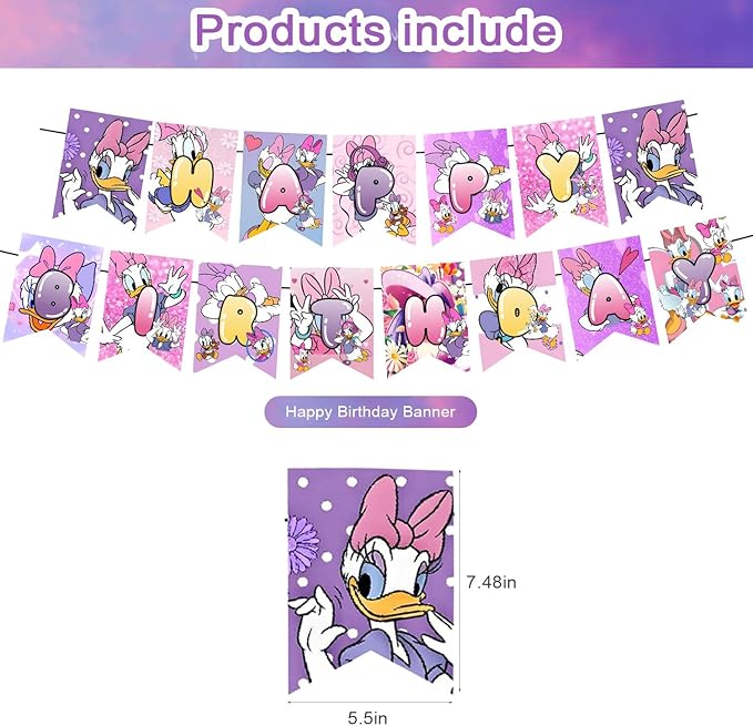 Daisy Duck Party Decoration Set - Movie Theme Banner, Cake Topper, Latex Balloons for Fan's Birthday Supplies