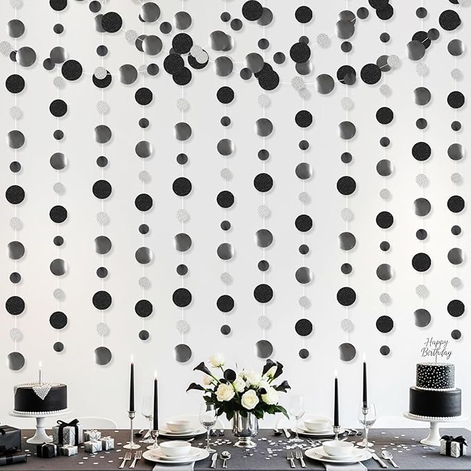 Outus 5 Pieces Black,Silver Round Dots Garland Easter Graduation Party Hanging Decor Each Length 13.1ft Glitter Paper Dot Streamers for Birthday Wedding Classroom